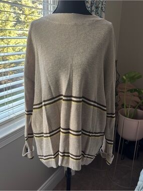 Free People Cream Knit Crewneck Sweater with Brown & Yellow Stripes